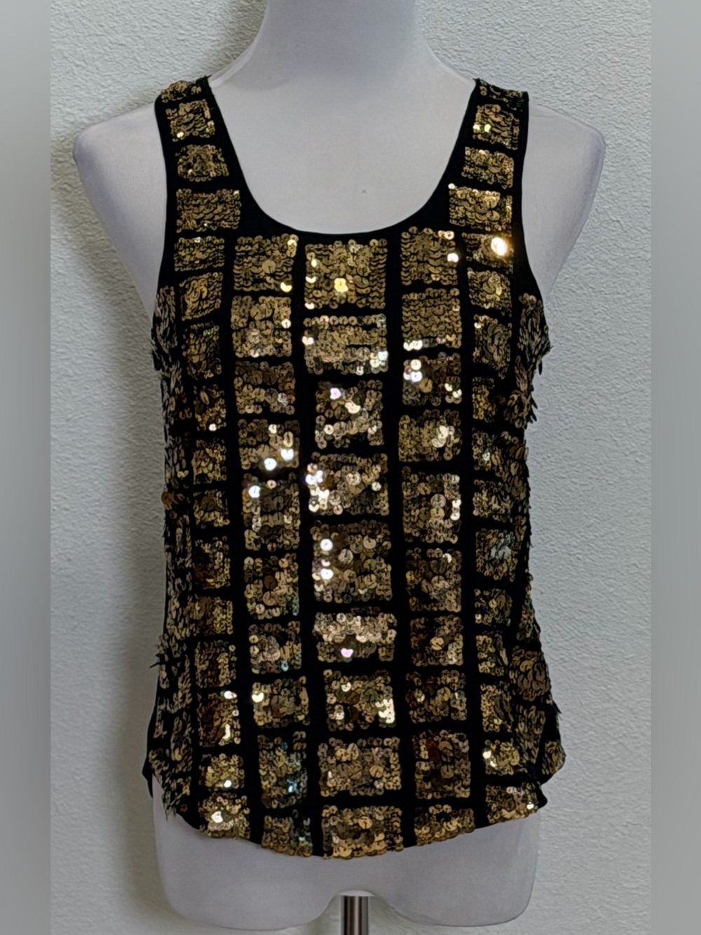 Hotel Particulier Silk Crepe Sequin Tank Top Large Black Gold Party Holiday Glam